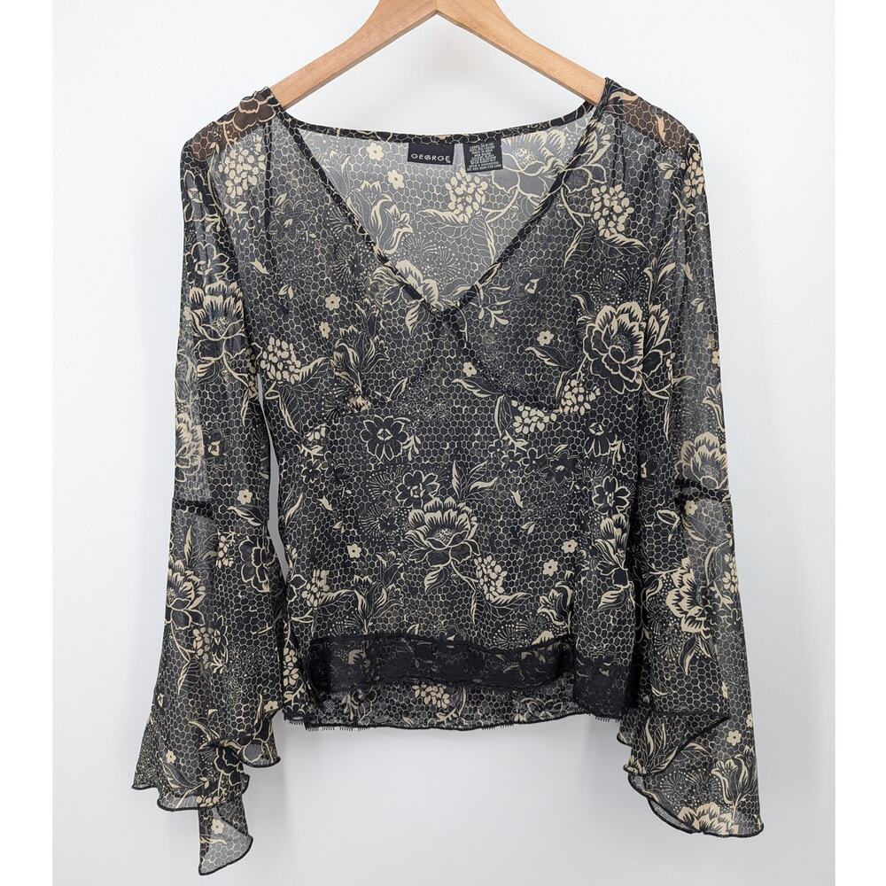 George Black Floral Sheer Blouse Bell Sleeve Lace Hem V Neck Boho Size M